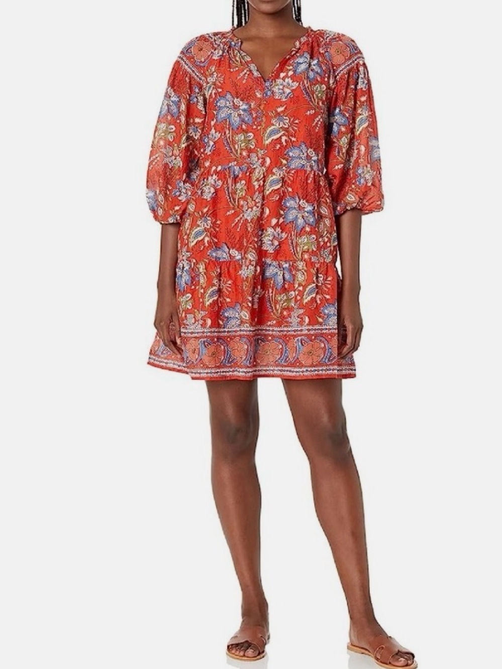 Velvet by Graham & Spencer Red Floral V-Neck Tiered Mini Dress